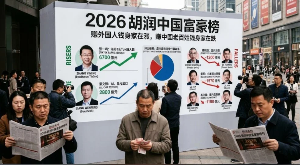 2026胡润中国富豪榜街头展板：赚外国人钱身家在涨，赚中国老百姓钱身家在跌