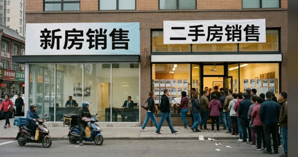 街边两间中介门店，左边挂新房销售横幅、门可罗雀，右边挂二手房销售横幅、门口排长队