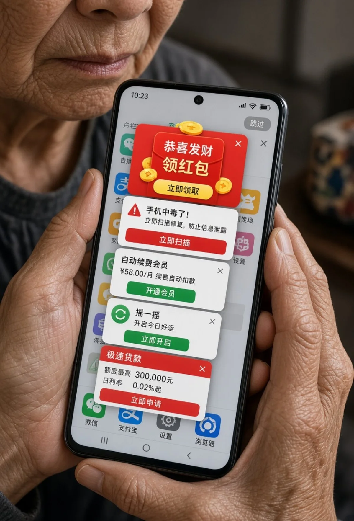 老人手持手机，屏幕上叠满领红包、手机中毒、自动续费、贷款等弹窗广告