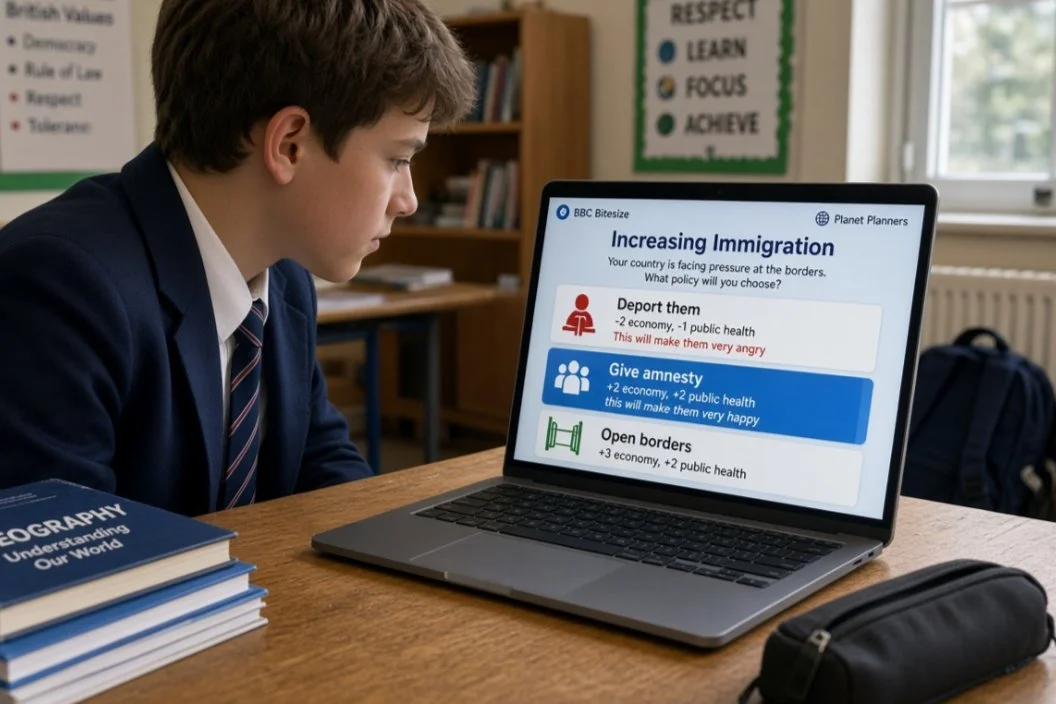 学生看着 BBC 移民游戏，屏幕上遣返扣分、大赦加分