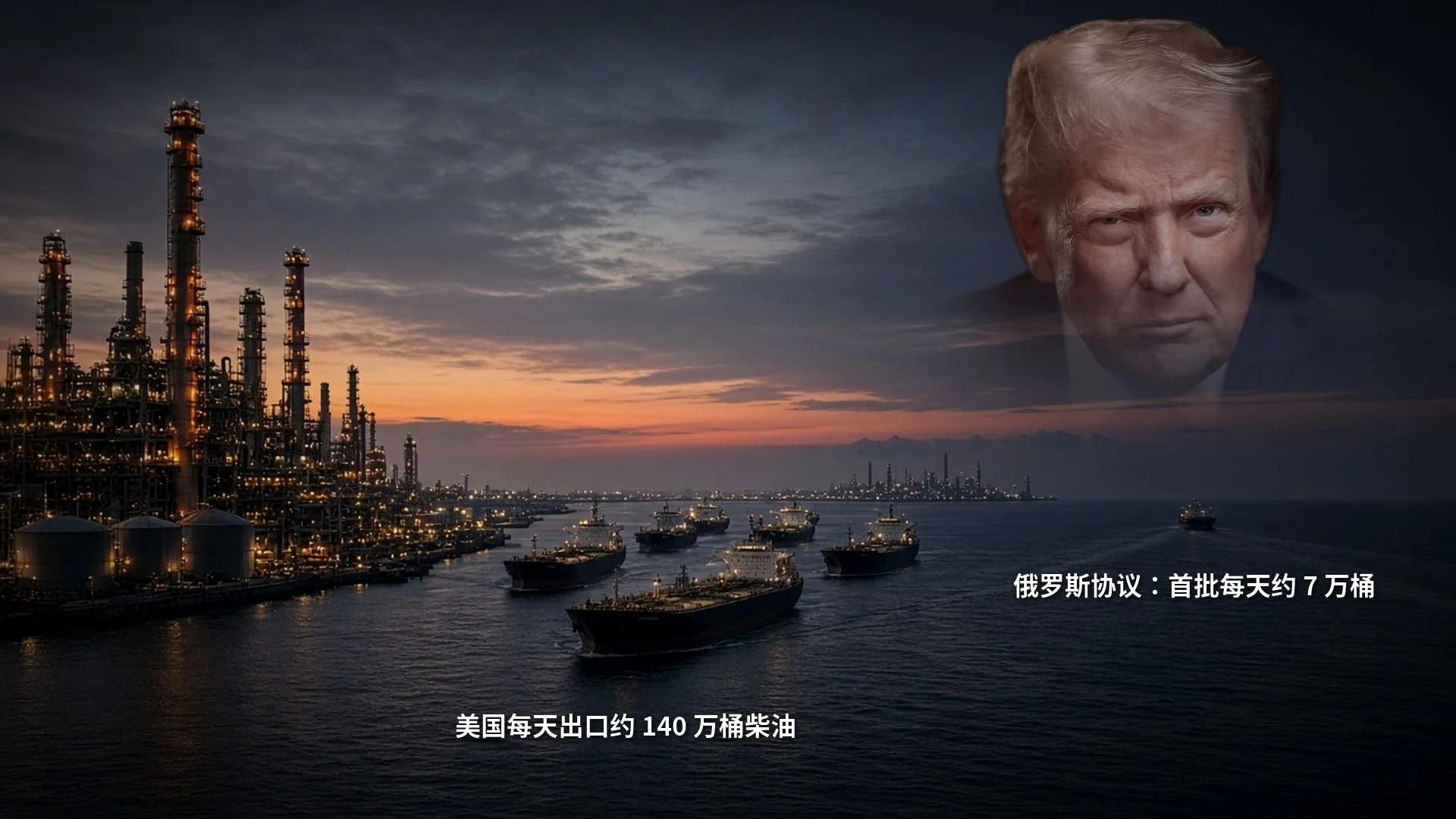 黄昏的炼厂与海上油轮船队，天空中浮现川普面孔，图标注美国每天出口约 140 万桶柴油、俄罗斯协议首批每天约 7 万桶