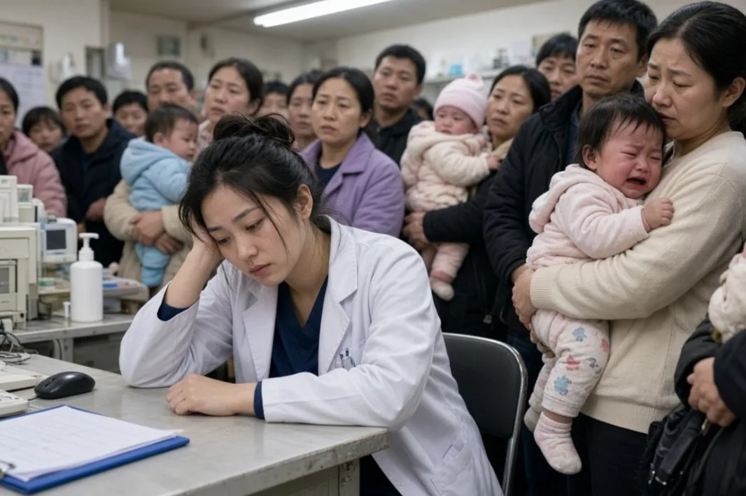 公立医院儿科门诊挤满抱着孩子的家长，女医生疲惫地伏在桌前