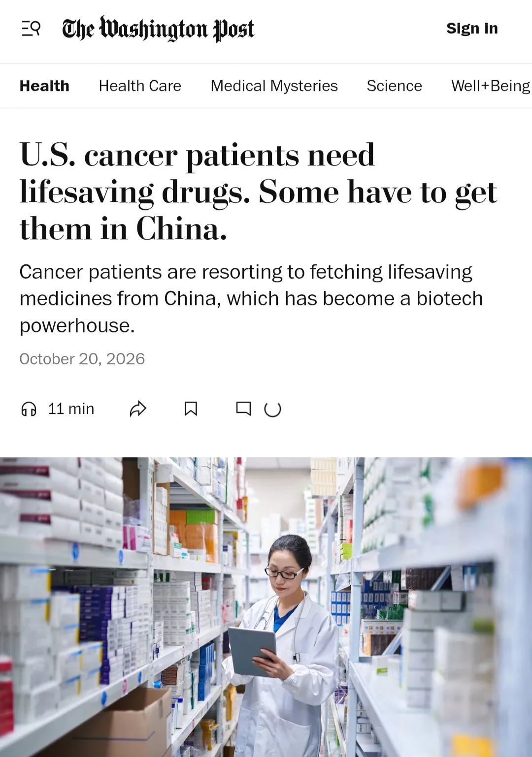 华盛顿邮报报道截图：美国癌症病人需要救命药，一些人只能到中国去买