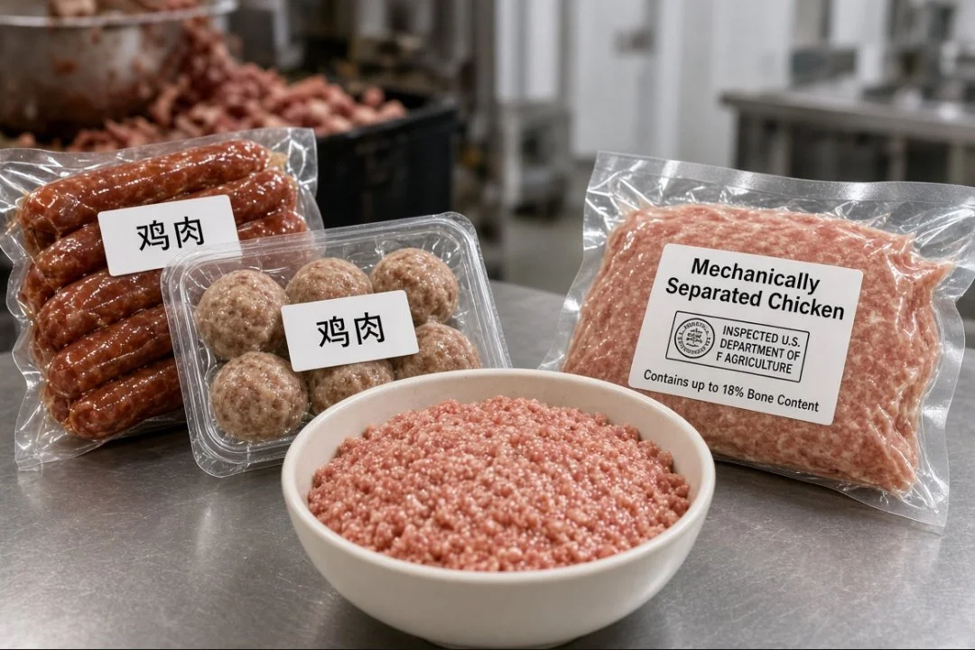 机械分离鸡肉制品:标鸡肉的烤肠和丸子,以及标机械分离鸡肉、含骨量最高18%的肉泥