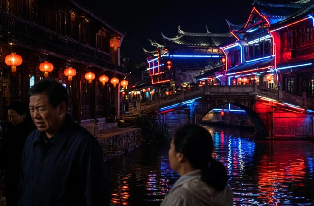 古镇夜晚，霓虹灯装点的石桥映在河面
