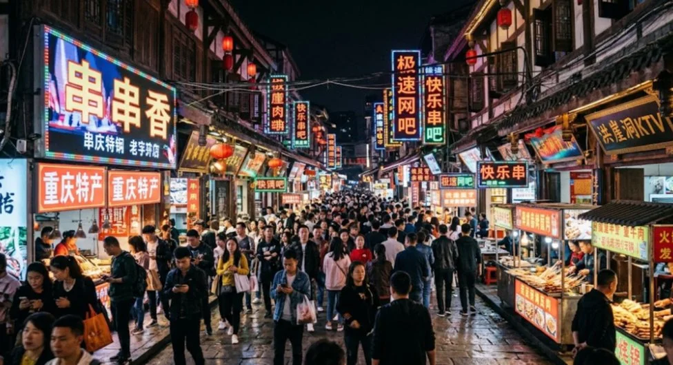 夜晚小吃街人流如织，霓虹招牌闪烁