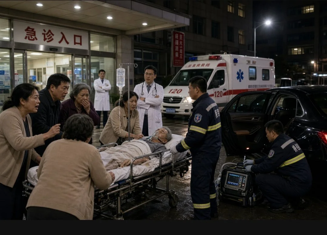 夜里急诊门口，医护人员在担架旁抢救病人，家属围在一旁