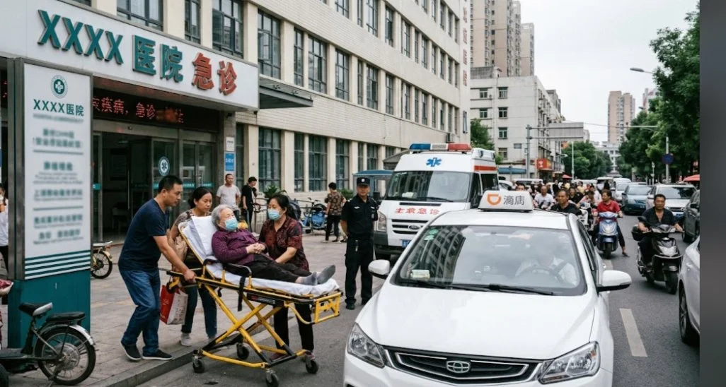 医院急诊门口，家属推着担架床，救护车停在路边