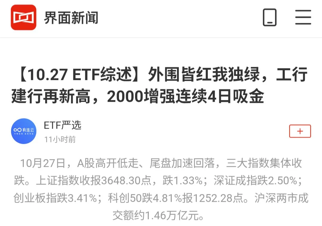 界面新闻：外围皆红我独绿，工行建行再新高，科创50跌4.81%报1252.28点