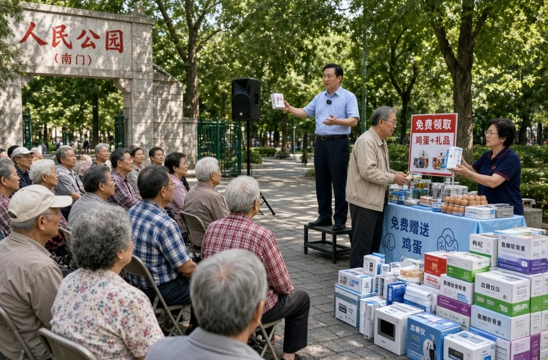 人民公园南门，健康讲座现场向老人赠送鸡蛋和礼品