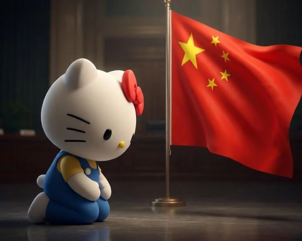Hello Kitty 在中国国旗前低头