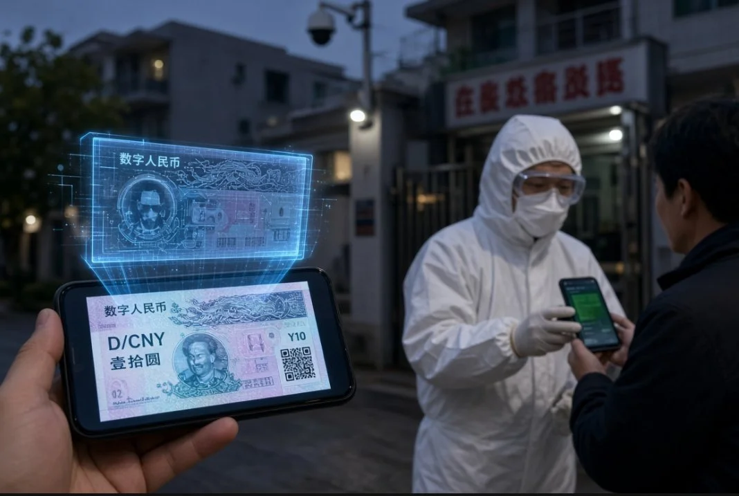 手机上显示数字人民币,防护服人员在小区门口查验