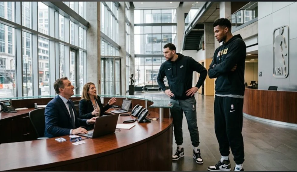 两位高大的前NBA球员站在联盟办公室前台
