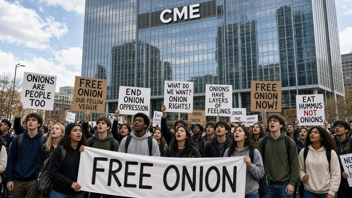芝加哥商品交易所大楼前,学生举着 FREE ONION 横幅和标语牌抗议洋葱期货禁令