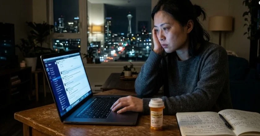 深夜对着电脑的女生,桌上有药瓶和笔记本,窗外是西雅图夜景