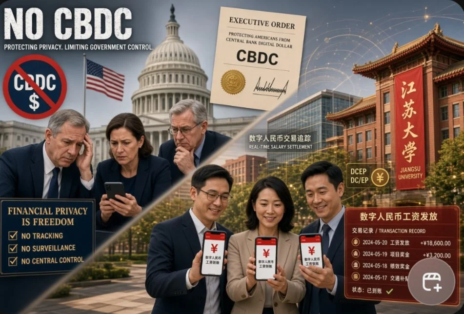 美国国会大厦前反对央行数字货币与江苏大学前展示数字人民币工资发放的对比图
