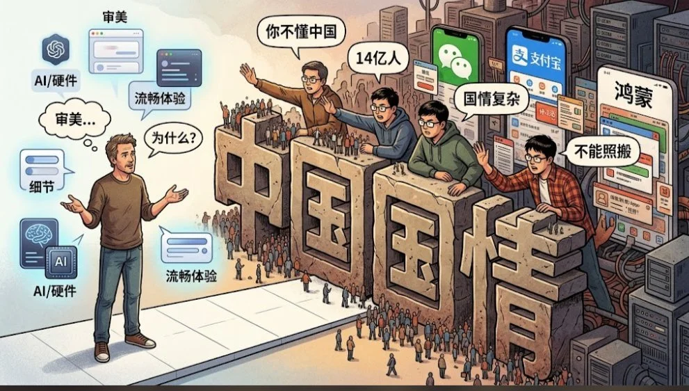 漫画：一堵写着「中国国情」的石墙，墙上的人对墙外的提问者喊「你不懂中国」「14亿人」「国情复杂」